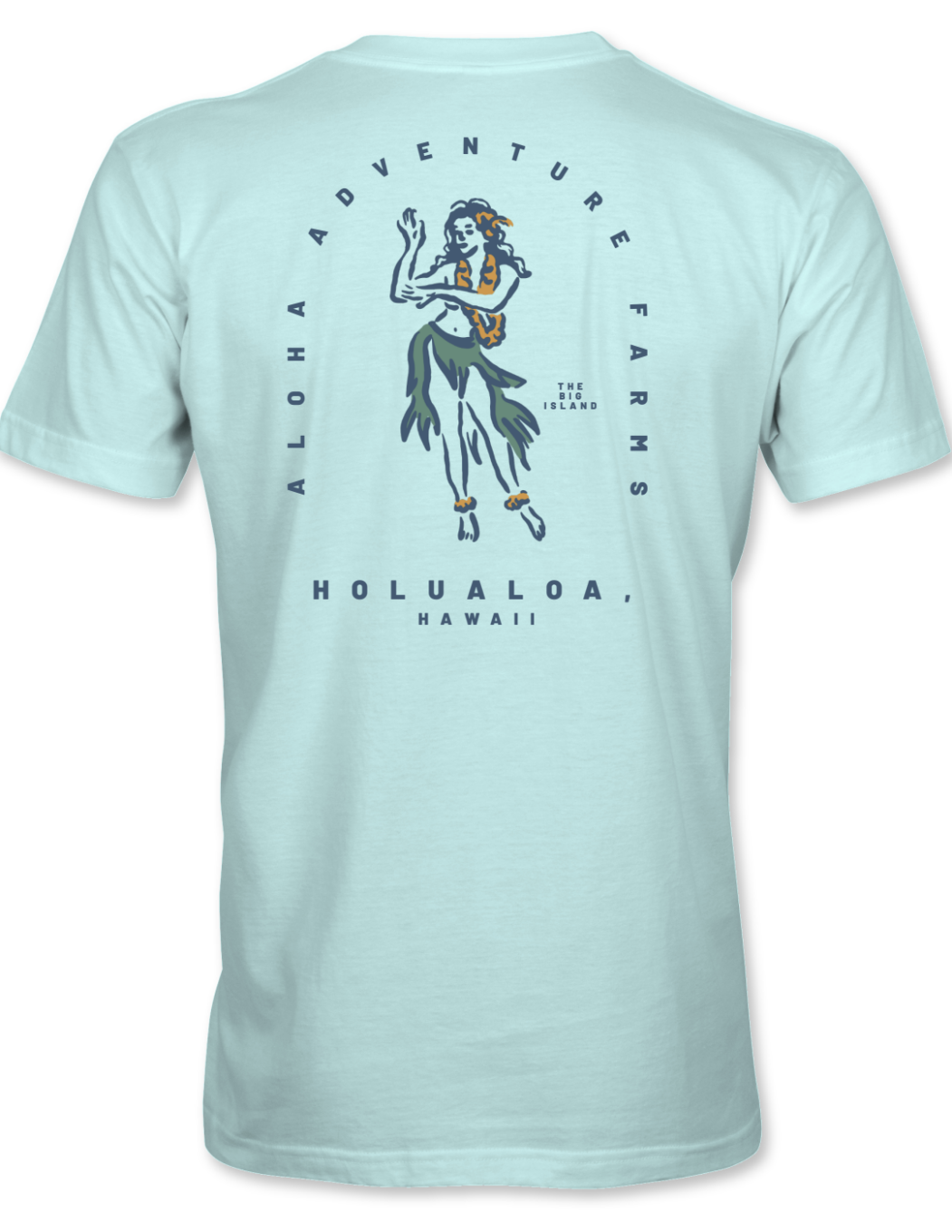 Blue Aloha Adventure Farms T-Shirt with Hawaiian Hula Girl