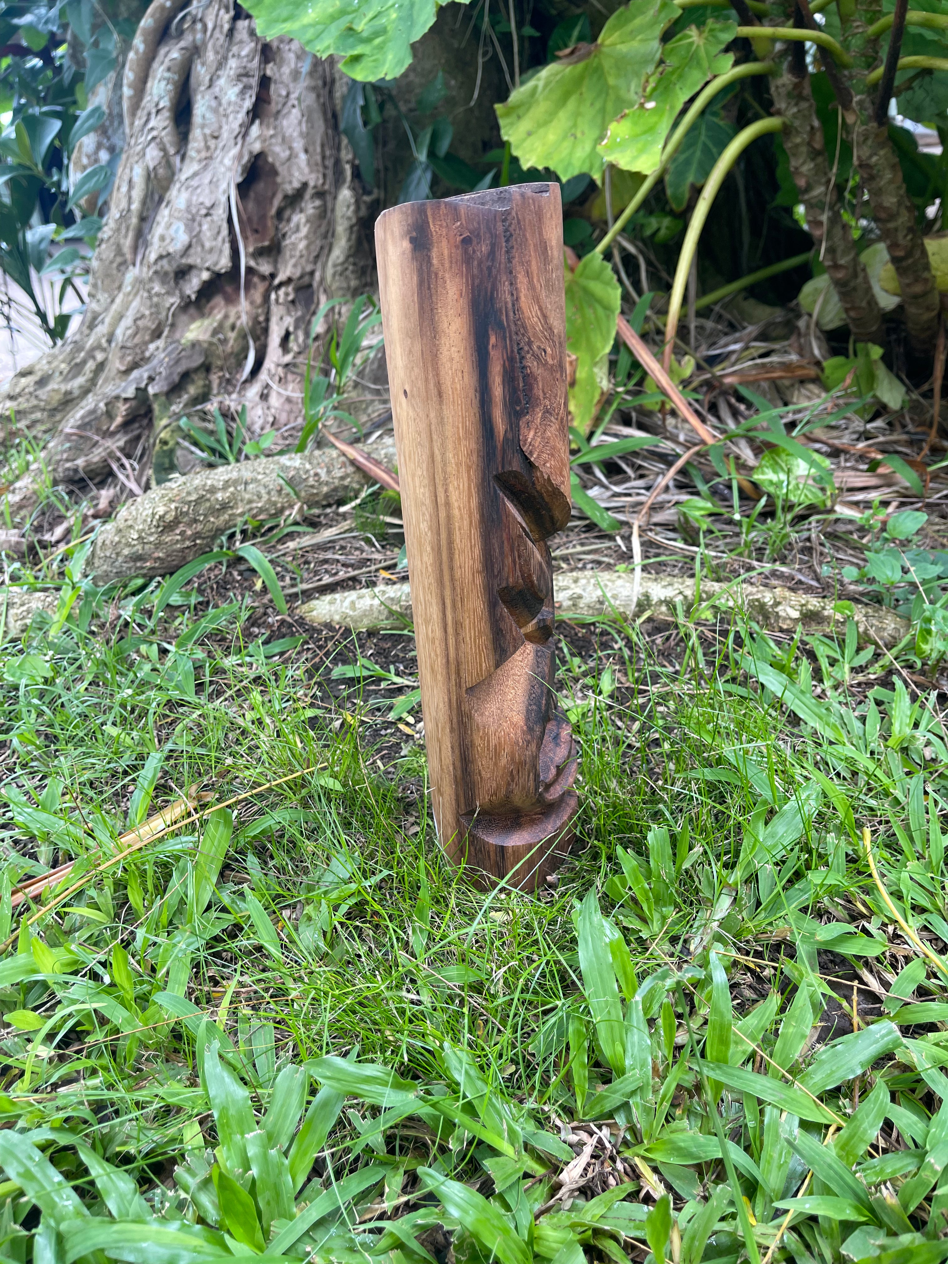 Protector Hand-Carved Tiki with Swirl Embellishments - Side View