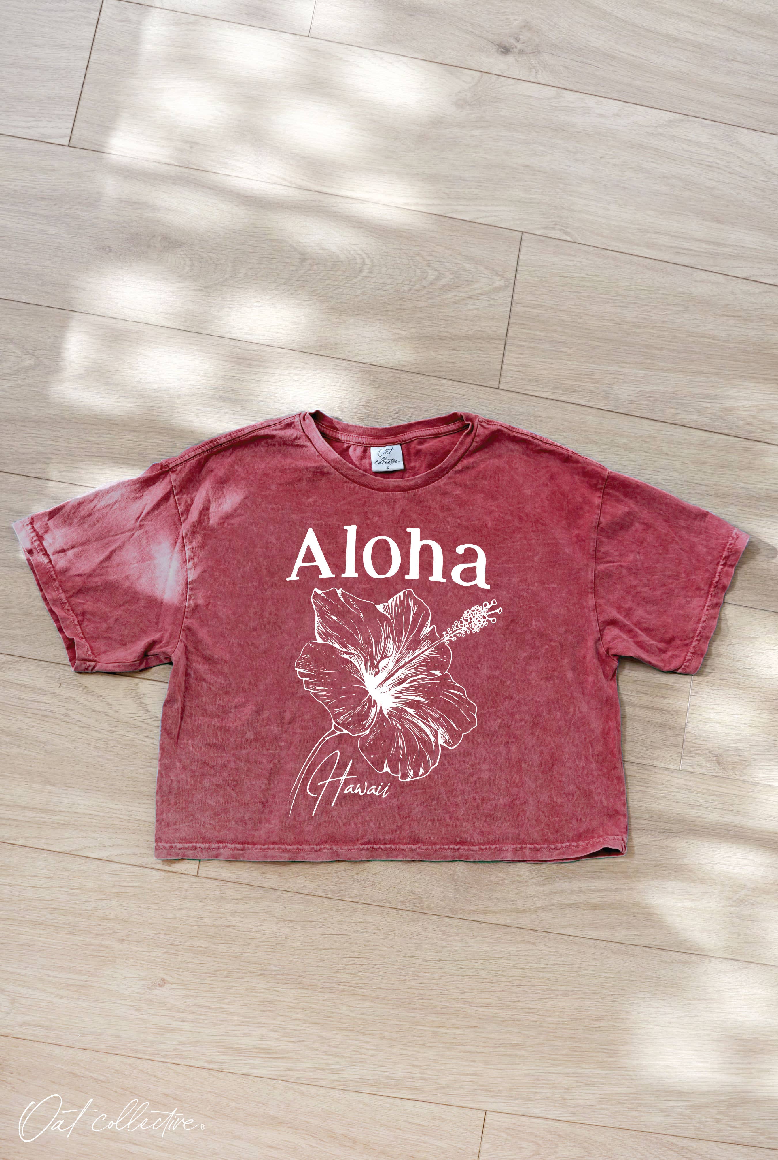 ALOHA HAWAII Cropped Mineral Washed Graphic Top