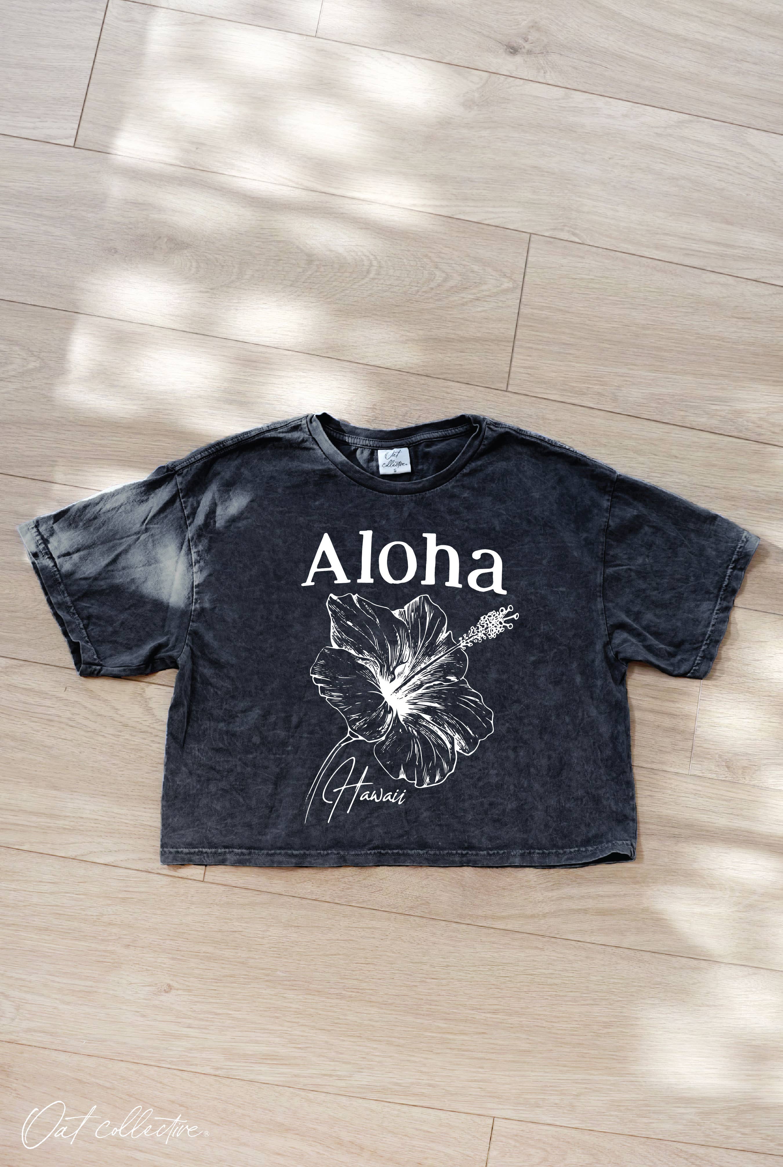 ALOHA HAWAII Cropped Mineral Washed Graphic Top