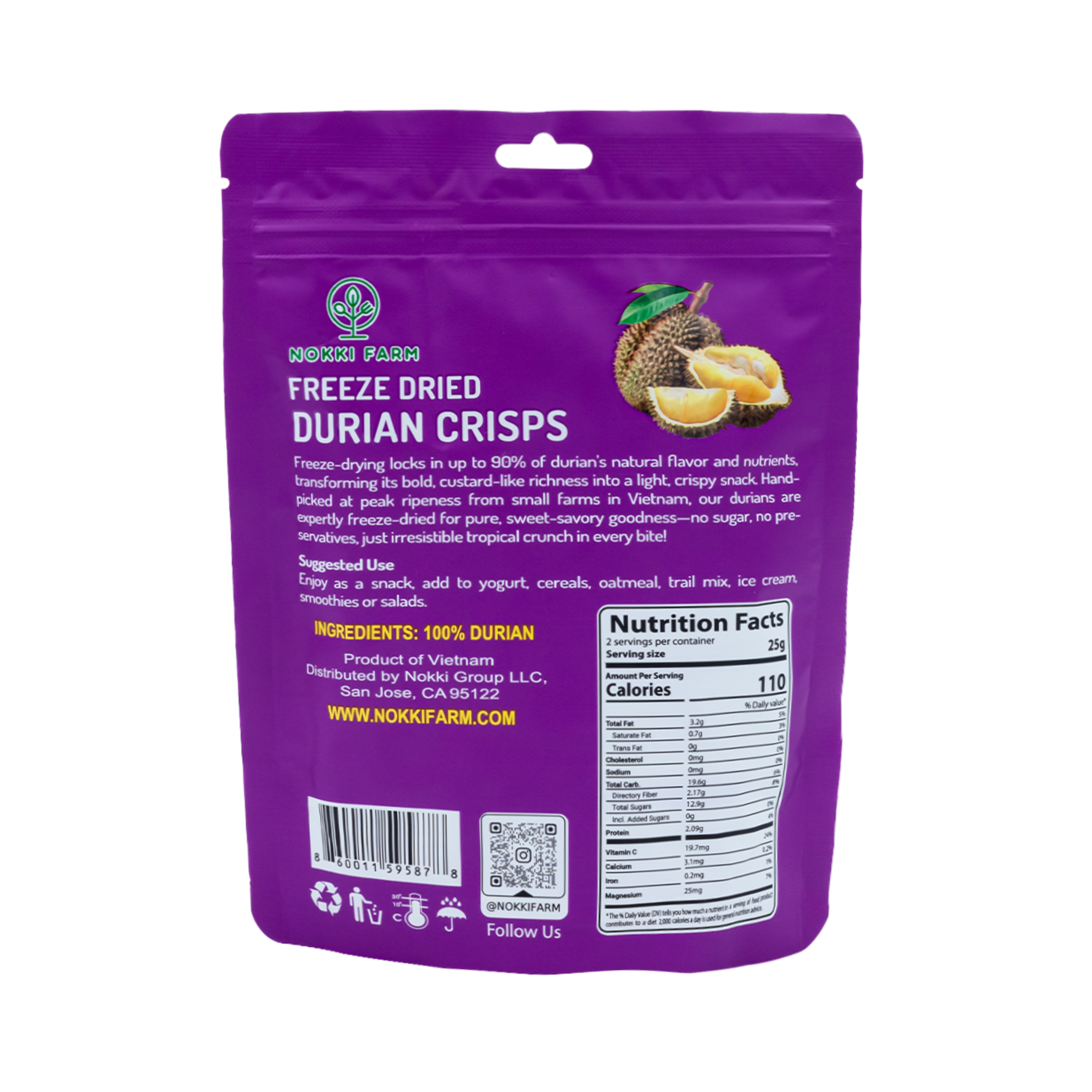 NOKKI FARM Freeze Dried Durian Crisps - No Added Sugar