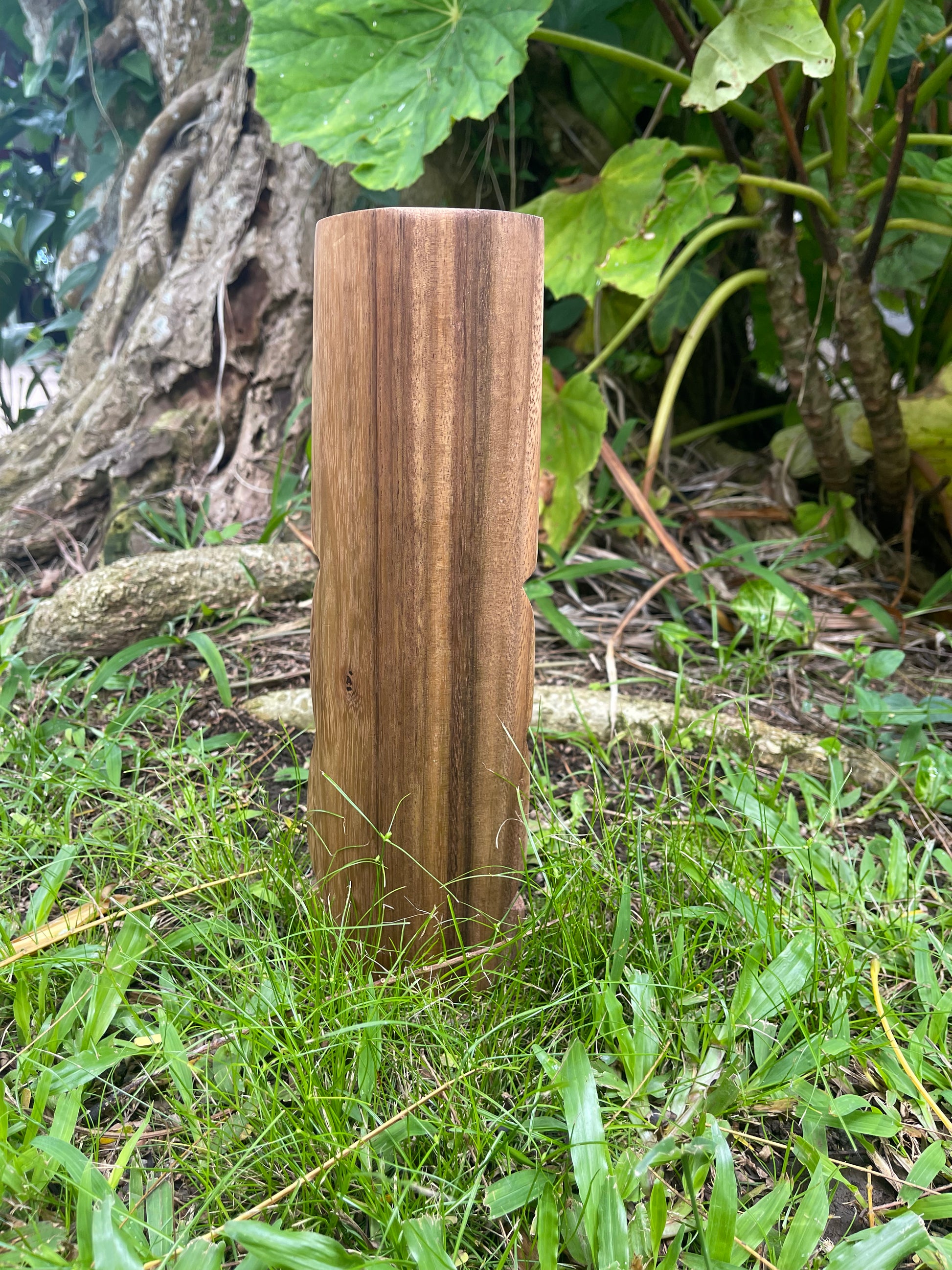 Back of Hand-carved Protector Wood Tiki with Wave Symbol