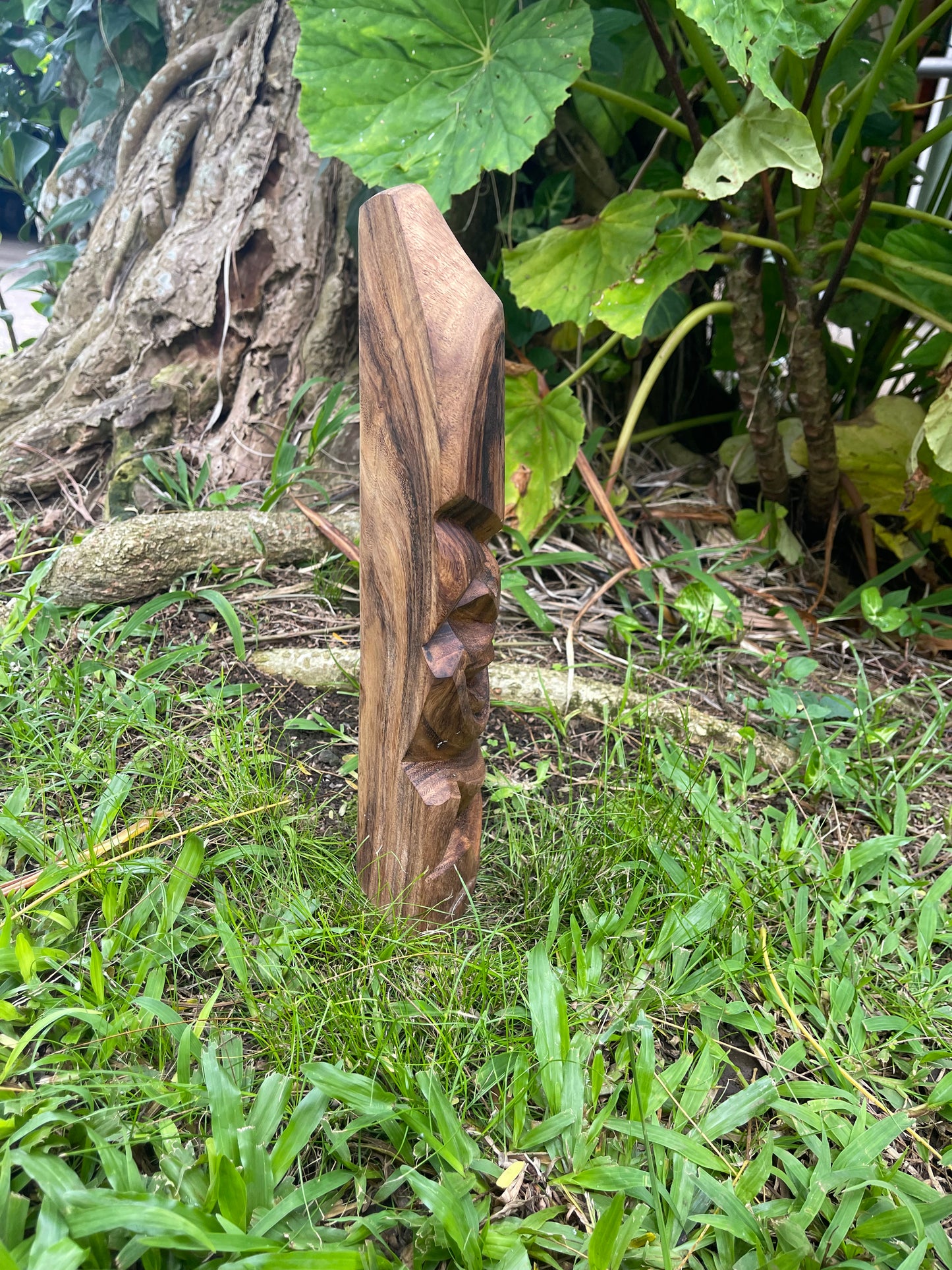 Side View of Smiling Hand-Carved Tiki - Aloha Adventure Farms