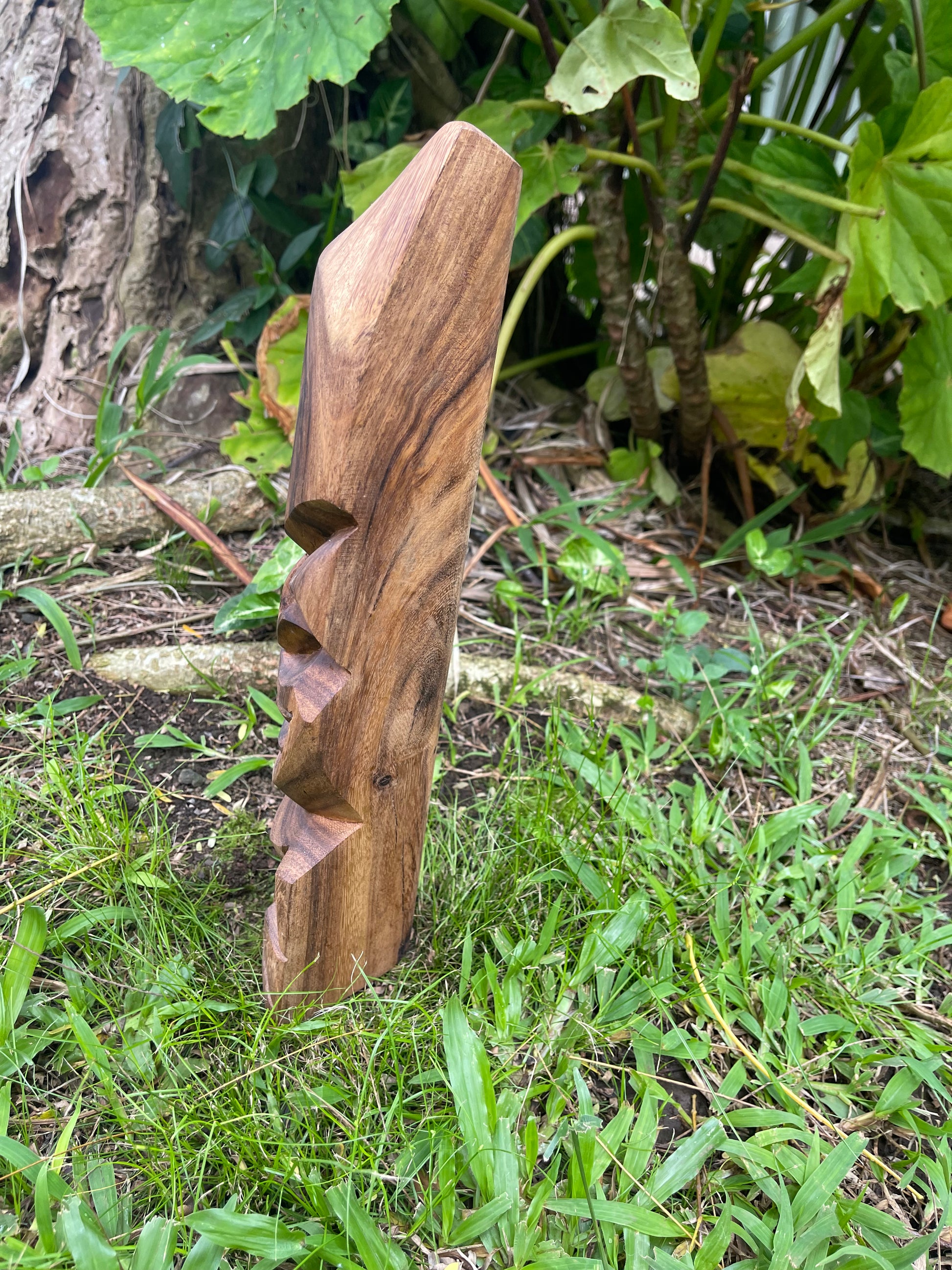 Side View of Smiling Hand-Carved Tiki - Aloha Adventure Farms