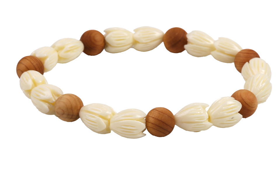 Pikake Flowers & Wood Bead Bracelet