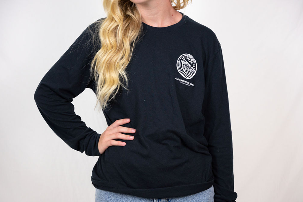 Black Long-Sleeve T-Shirt with Aloha Adventure Farms Wave Logo