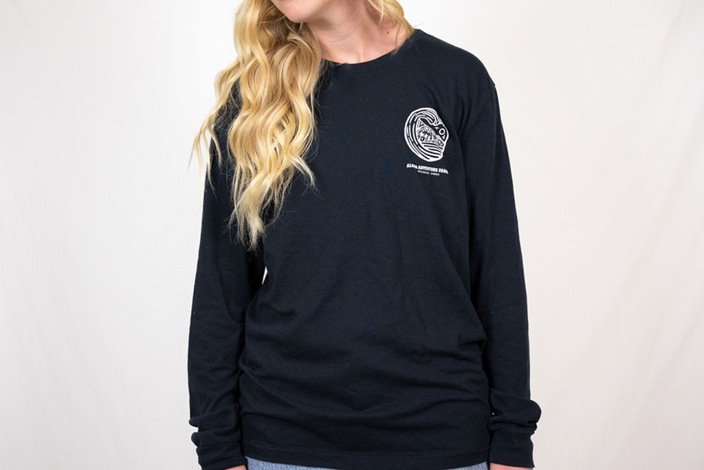 Black Long-Sleeve T-Shirt with Aloha Adventure Farms Wave Logo